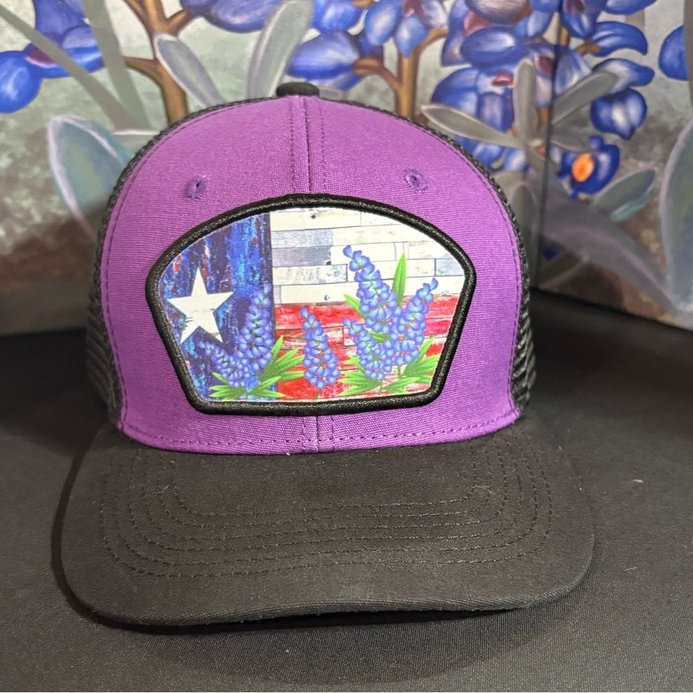 Purple and black trucker hat